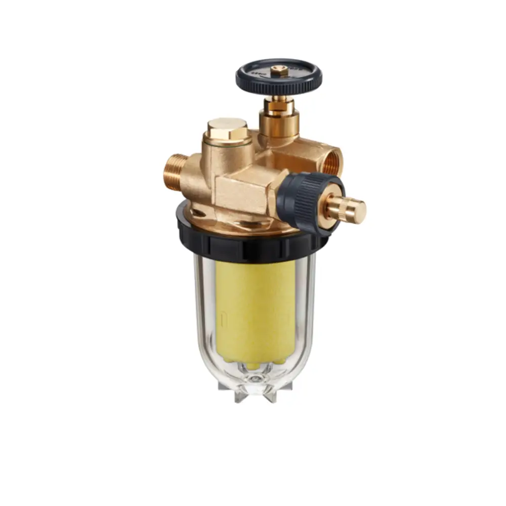 Heizölfilter von Oventrop mit transparentem Gehäuse, Absperrventil und gelbem Filterelement. Anschlüsse G 3/8 IG und G 3/8 AG für Heizsysteme.